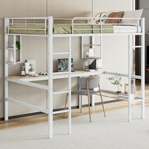 Huayz Letto a soppalco in metallo 140x200 cm, per bambini, adolescenti e adulti, letto a castello in metallo con scrivania e scaffale (Bianco, 140×200cm)