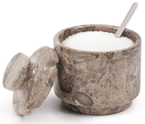 MARBLOUS KRAFTS marmor saltkällare oceanisk 7,6 cm flingsalt saltskål för bänkskiva, perfekt kryddlåda, godisskål, brun sockerburk med lock och sked, köksförvaring, present till nytt hem