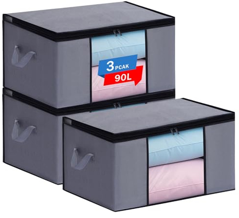 Boic Cajas Almacenaje Ropa 3 Piezas, 90L Almacenaje Bajo La Cama, Cajas Organizadoras, Plegable Bolsas Para Guardar Ropa Con Mango Reforzado Para Guardar Ropa, Edredones, Mantas (Gris)