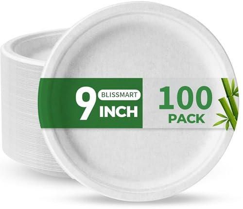 BLISSMART Strong Paper Plates Disposable 100 9 Bagasse Heavy-Duty Disposable Plates for Parties Eco-Friendly Compostable Microwave-Safe Party Plates, Biodegradable Dinner Plates for Hot & Cold Food