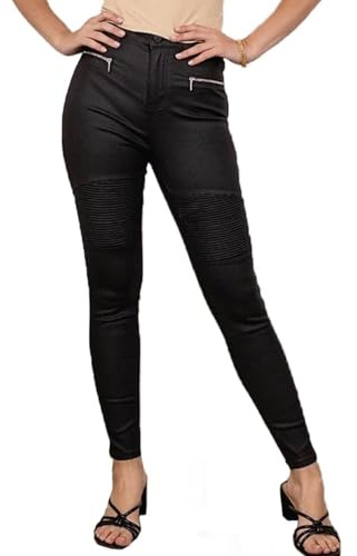 Lusty Chic Femme Pantalon Simili Cuir Slim – Effet Cuir Stretch Taille Moyenne – Pantalon Sexy avec Fermeture Éclair Devant (S, Noir 1)