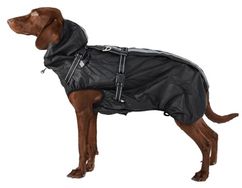 OUOBOB Cappotto impermeabile per cani con strisce riflettenti, pettorina H (D-Ring) e cappuccio rimovibile con visiera, ideale per cani di taglia media/grande taglia [nero, taglia 2XL]