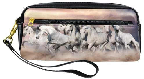 Trousse à crayons, motif chevaux blancs qui courent dans le désert - Pochette en cuir synthétique avec fermeture éclair pour garçons et filles - Fournitures scolaires et de bureau