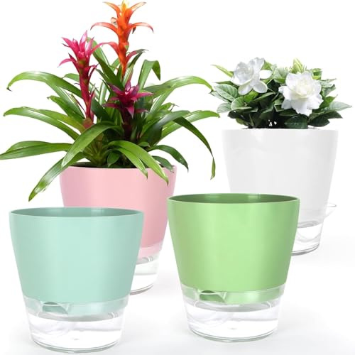 KAHEIGN 4 Pièces Pots à Arrosage Automatique, 15CM Pot de Fleurs en Plastique avec Trou de Drainage et Grand Réservoir - Pots pour Bonsaï Aloès Herbes Orchidées Succulentes Plantes (4 Couleurs)