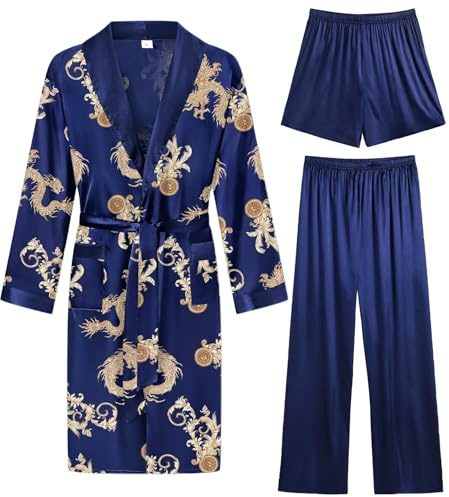 SWOMOG Men's 3 Pcs Robe Silk Satin Kimono Bathrobe with Shorts&Pants Set Lightweight Soft Sleepwear