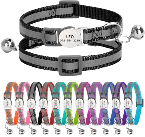 Personalised Reflective Cat Collar with Name Tag,Quick Release Kitten Collars with Bell Safety Buckle, Adjustable Nylon Cat Collar for Cats Kittens UK Prime (19–30 cm, Black Strip)
