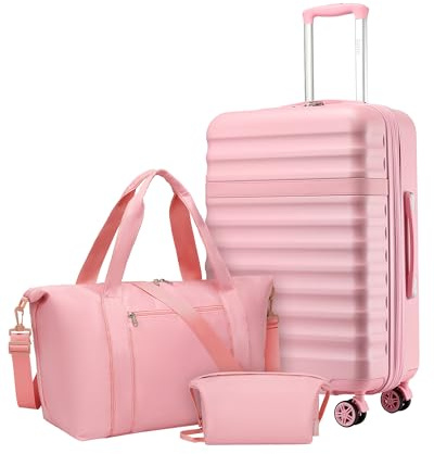 Kono Juego de Maletas con Maleta Mediana Rígida 65cm con Expansión, Rosa | ABS, Ruedas TPE, Bolsa con Correa Ajustable y Hebilla, Neceser, para Mujer