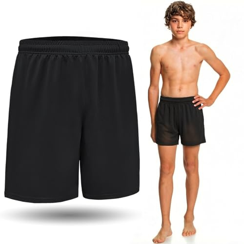 MKEOIEAU Boys Sports Shorts, Breathable Quick Dry Athletic Shorts with Drawstring Elastic Waist for 6-15 Years Soccer Running Baseball Black