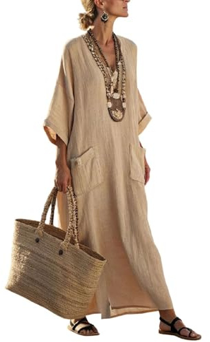 Gienslru Abito Estivi Donna Lino Vestito - Abiti Lungo Elegante Boho Chic Kaftan Marocchino Copricostume Mare Spiaggia Curvy Taglie Forti Abbigliamento Leggero Eleganti Casual Dress con Tasche