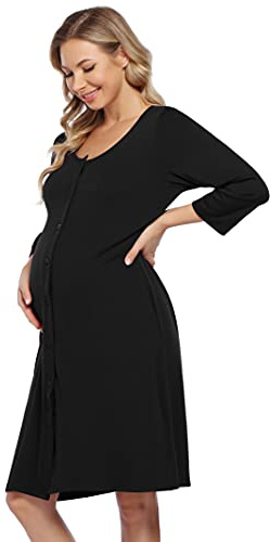 KOJOOIN Naissance Femme Chemise de Nuit d'allaitement Manches Longues Pyjama de Grossesse Vêtements de Nuit avec Patte de Boutonnage sur Toute la Longueur,Noir A (Manches Longues),M