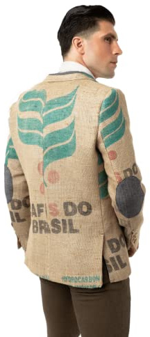 THE COFFEE JACKET Exklusiver Designer-Sakko für Herren aus brasilianischen Kaffeesäcken mit originalen Kaffeefarm-Prints, Olivenholz-Knöpfen & Ellenbogen-Patches (52)