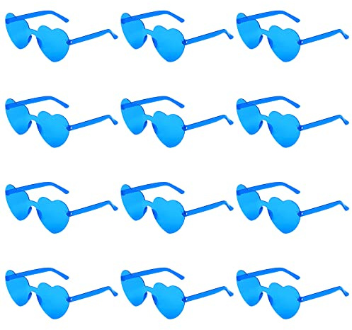 KINBOM 12pcs Lunettes de Soleil Sans Monture en Forme Cœur, Cœur d'Amour Lunettes de Soleil Teintées Transparentes Lunettes de Couleur Bonbon Sans Cadre pour Cosplay de Fête pour Femme (Bleu)