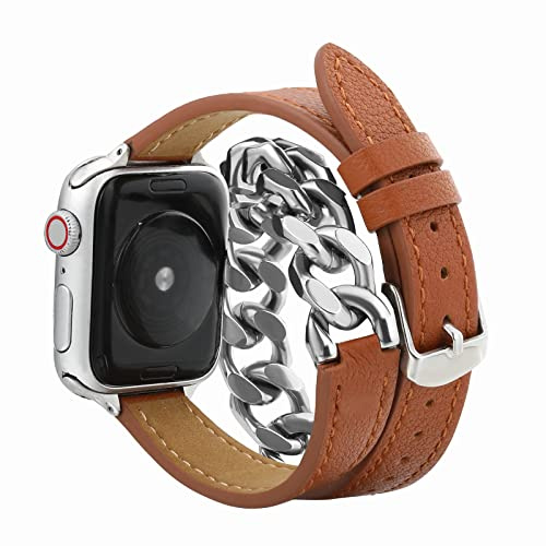 Wingoden Läderband, kompatibelt med Apple Watch-band, 38 mm, 40 mm, 41 mm, 42 mm, 44 mm, 45 mm, 49 mm, dam, dubbel omslag, Apple Watch Strap Chain iWatch Band Series 9, 8, 7, 6, 5, 4, 3, 2, 1, SE,