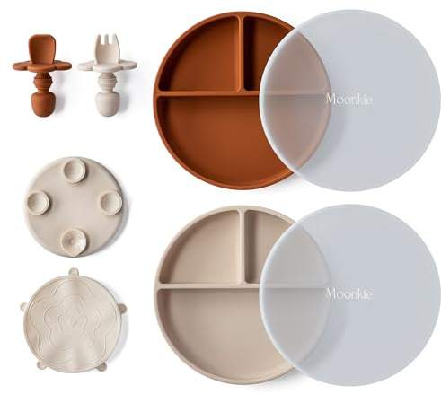 Moonkie Babytallrikar med Sug | Silikon Barnservis Set med Sked, Gaffel | BPA-fri Babytallrikar | Avvänjningsplattor för Baby, Barn | för Diskmaskin, Mikrovågsugn | 2-Pack(Hudfärger/Jordgul)