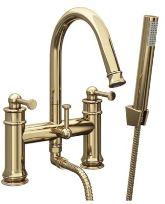 Spoutford Vintage Gold Bath Filler Shower Head Mixer Bathroom Tap Hot or Cold Dual Lever Faucet Bathtub Antique Handheld Shower Head for Double Use Faucet Tap with High-Pressure Shower Function