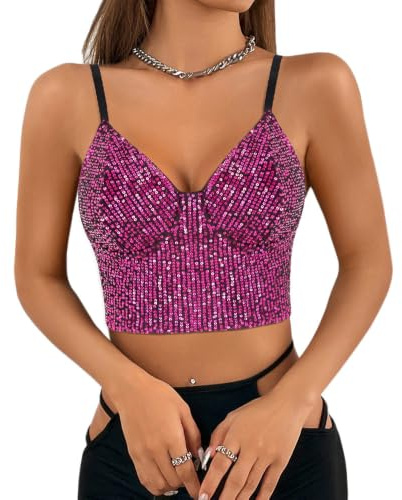 Segreto Débardeur à paillettes pour femme - Sans manches - Bretelles spaghetti - Sexy - Crop Top à bretelles - Pour festival, fête, club, camisole, XL