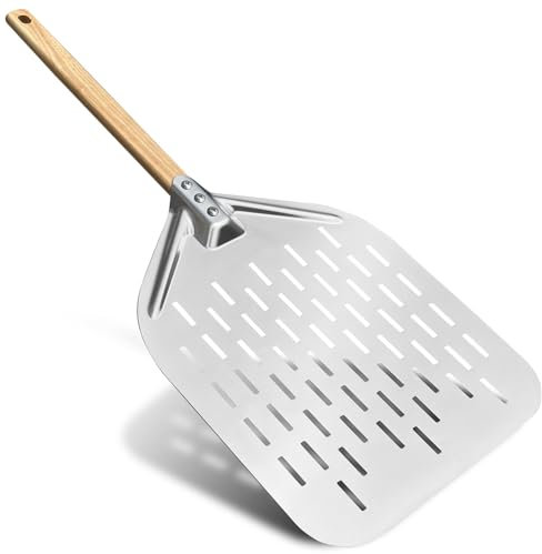 AMOJA Pala per pizza perforata 39,5 * 30 cm, pala per pizza in alluminio, pala per pizza con manico in legno rimovibile, adatta per pizza fatta in casa, pane e torte (lavabile, resistente al calore)