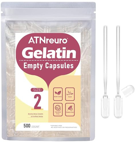 ATNreuro Gélules de Gélatine Vides Taille 2 (500 unités) - Capsule Gelatine Transparente à Remplir avec 2 Micro Cuillère - Idéales pour Vitamines et Compléments