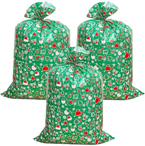 CREATCABIN 3 pz. Sacchetti Regalo Natale Extra Large Sacchetti Regalo Natale Grandi Jumbo Etichetta e Spago Sacchi Natale Giganti Imballaggio Rettangolari in Plastica Regali Natale 142 x 91cm