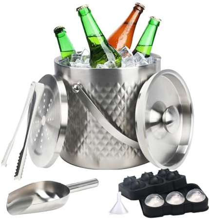 Minnhua 3L seau a glacon seau a champagne sceaux à glace et rafraîchisseur Double Paroi seau à glaçons isotherme en Acier Inoxydable en losange avec Couvercle Pince Pelle cubes de glace et passoire