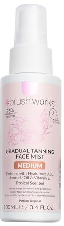 Brushworks Gradual Tanning Face Mist Medium 100ml – Hydrating Self Tan Spray with Hyaluronic Acid, Avocado Oil & Vitamin E, Tropical Scented Vegan Formula