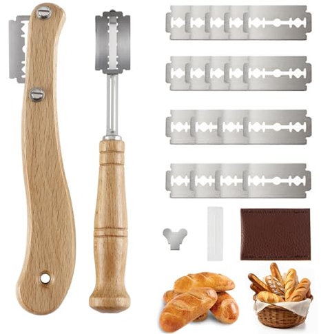 Set di 2 coltelli da panettiere – 20 lame di ricambio – Set di coltelli da pasta, per tagli dritti e curvi, coltelli da pane per tagliare baguette, panini, accessori per la cottura del pane fai da te