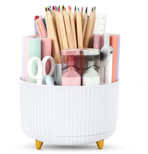 Desk Organisers Pen Holder 360° Rotating Makeup Organiser Stationary Desk Organisers with 5 Compartments Pen Pot for Home Office School Classroom, White