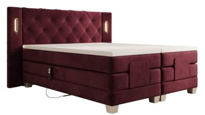 Luxusbetten24 Boxspringbett Livano Samt 200x200 elektrisch verstellbar mit LED | Bezug: Samt | Farbe: Bordeaux | Härtegrad: H3 (70-100kg)