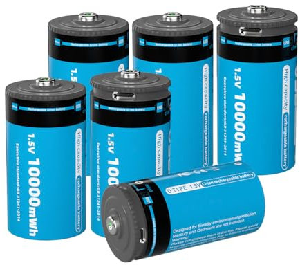 Pilas de Litio D Recargables Paquete de 6 Batería D Alto Rendimiento 10000mWh 1,5V para Linternas, Radios, Relojes, Estéreos, Etc