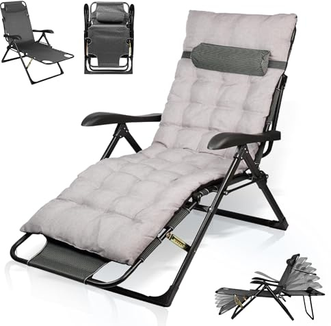 AYDFUORT Tumbona plegable, tumbona de jardín, tumbona de jardín plegable, respaldo ajustable, sillón de relax para jardín, con cojín, soporte para bebidas, tumbona de balcón, soporta 150 kg (gris)