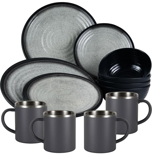Melamin Geschirr Set Grau Schwarz für 4 Personen 16 Teile Edelstahl Thermo