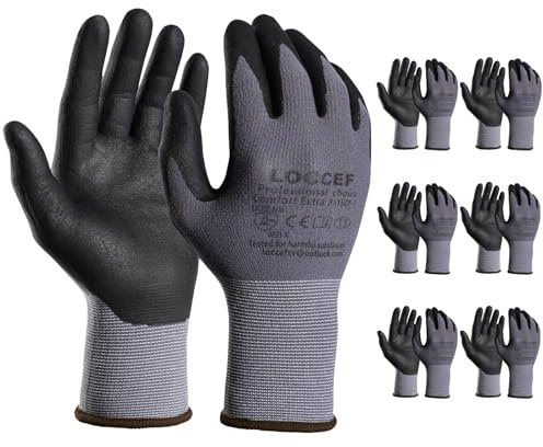 LOCCEF Arbeitshandschuhe Herren/Damen, 6 Paare - Nitril beschichtet, nahtlos gestrickte Nylon-Handschuhe für Heimwerken, Handwerk und Gartenarbeit(9/L, Grau-6 Paare)