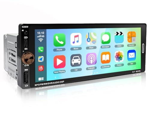 Single Din Car Stereo with Wireless CarPlay/Android Auto/Mirror Link, 6.9 Inch 1 Din HD Touchscreen Radio with WiFi Bluetooth GPS FM RDS SWC EQ USB Type-C Backup Camera Mic