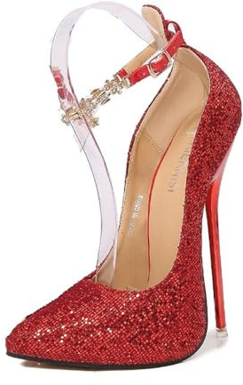 YGJKLIS Donne puntato dita cinturina caviglia perline catena tacco alto 16cm Glitter scintillante Stiletto pompe Party Club scarpe da ballo (Rosso,42)