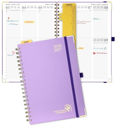 POPRUN Agenda 2026 2027 Semainier A4(30 x 21 cm) D'Août 2026 à Déc 2027 | 17 Mois Planner Vertical Scolaire Couverture Rigide Spirale,Avec règle signet,Papier 80g/m²,Violet