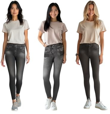 ShopINess Pack de 3 Jeggings Leggings para Mujer Estilo Vaquero Colores Mixtos Gris y Negro Sin Costuras con Fino Forro Polar Interior (L-XL, 2 Negro+1 Gris)