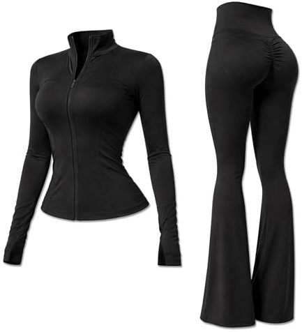 Yu & Me PARIS Women 2 Piece Slim Fit Gym Wear Tracksuit Set – Zip-Up Jacket & High Waist Flared Cut Scrunch Leggings Ruched Seam (Black, M/L, 12-16)