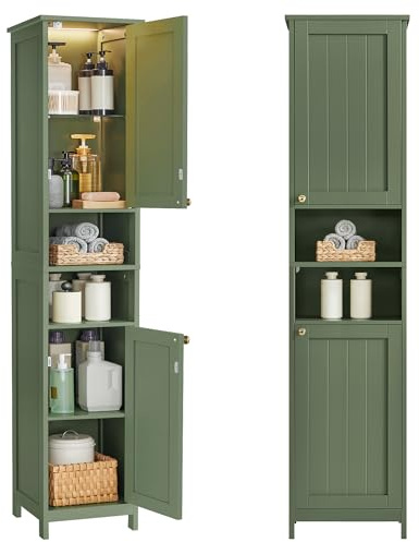 VASAGLE Armario de Baño Alto con Iluminación, Armario de Almacenaje Delgado, con Estantes Ajustables, Compartimentos Abiertos, Ancho 40 cm, para Espacios Pequeños, Moderno, Verde Bosque BBC766CH03