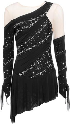 Sinleey Robe Danse Patinage Asymétrique Strass pour Femme Justaucorps Manches Longues Tenue Patinage Artistique Glace