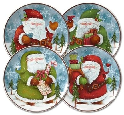 Pfaltzgraff Evergreen Ernie Santa Salad Plates, Set of 4, blue, white, green, red