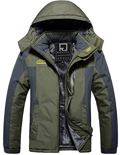R RUNVEL Mens Waterproof Hiking Jackets Winter Warm Fleece Outdoor Thermal Coats for Walking Mountain Sking Working Green UK L
