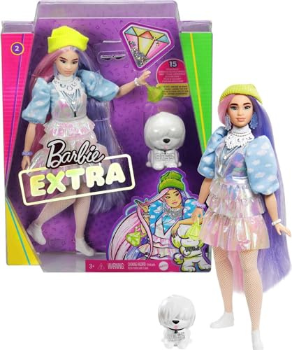 Barbie Extra Doll & Accessories with Shimmery Look, Pink & Purple Fantasy Hair & Neon Beanie with Pet Puppy