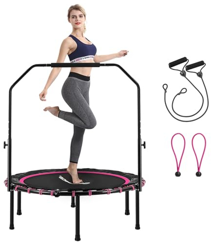 SONGMICS 40 Inches Mini Fitness Trampoline, Fitness Rebounder with Adjustable Handrail, Foldable Trampoline for At-Home Workout, Max. Load 264.6 lb, Pink and Black USTR040P01