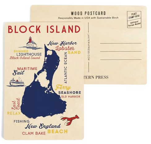 Block Island, Rhode Island, Typography and Icons (Primary Colors) (4x6 Birch Wood Postcards, 2-Pack Stationary, Rustic Home Wall Decor)