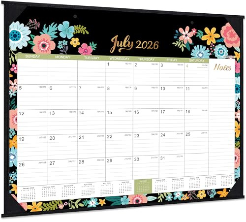 Desk Calendar 2026-2027 - Large Desk Calendar 2026-2027, Jul. 2026 - Dec. 2027, 22 x 17, 18 Months Calendar with Corner Protectors - Black Floral