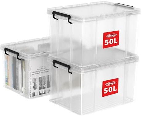 Cetomo 50L*3 Scatole di Stoccaggio, Bidone di Stoccaggio Impilabile con Coperchi, Contenitore Robusto con Angoli Rinforzati, Lati Verticali, di Plastica, Durevoli, PP, Trasparenti, 50L-3 Unità