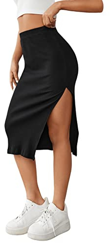 GORGLITTER Kjol med slits, lång knälång kjol för damer, stickad kjol, midikjol med hög midja, stretchkjol för damer, knälång elegant kjol, svart, XXS