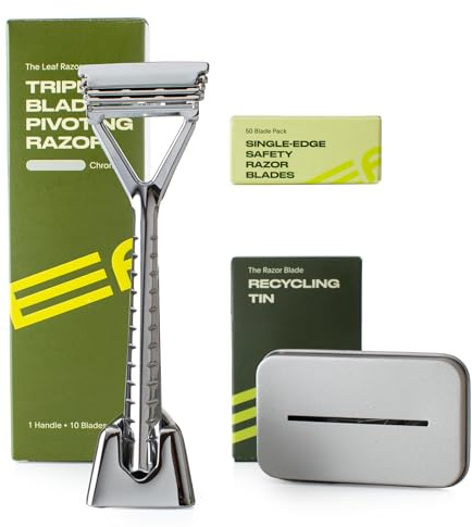 Leaf Shave | Leaf Razor Set, All-Metal Safety Razor with Pivoting Head & Adjustable Blade Loading, Includes Matching Stand, 50 Single-Edge Refills, and Recycling Bank for Used Blades - Chrome