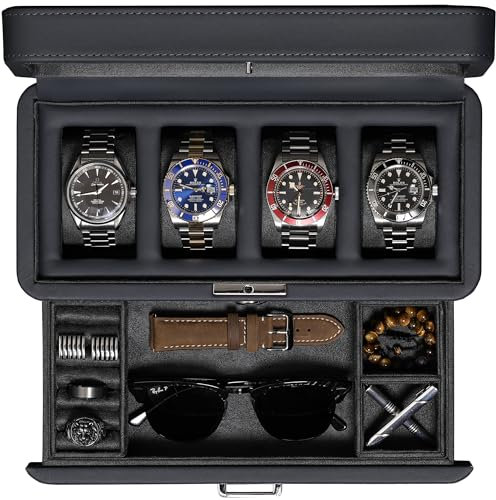 ROTHWELL 4 Slot Leather Watch Box with Valet Drawer - Luxury Case Display Jewelry Organizer, Locking Display Case Holder with Real Glass Top - Watch Box Organizer for Men & Women (Carbon)