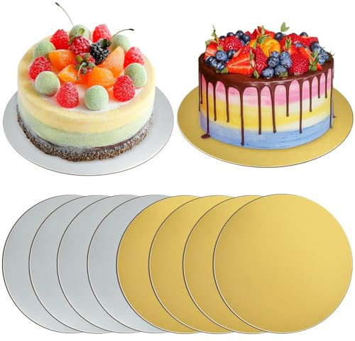 NAROSEBE 8 Stück Cake Board Tortenplatte Tortenunterlagen Pappe Wiederverwendbar Cakeboard Rund 20 cm Kuchenplatte aus Pappe Torten Cake Board für Transport Kuchen und Torten (Silber&Gold)